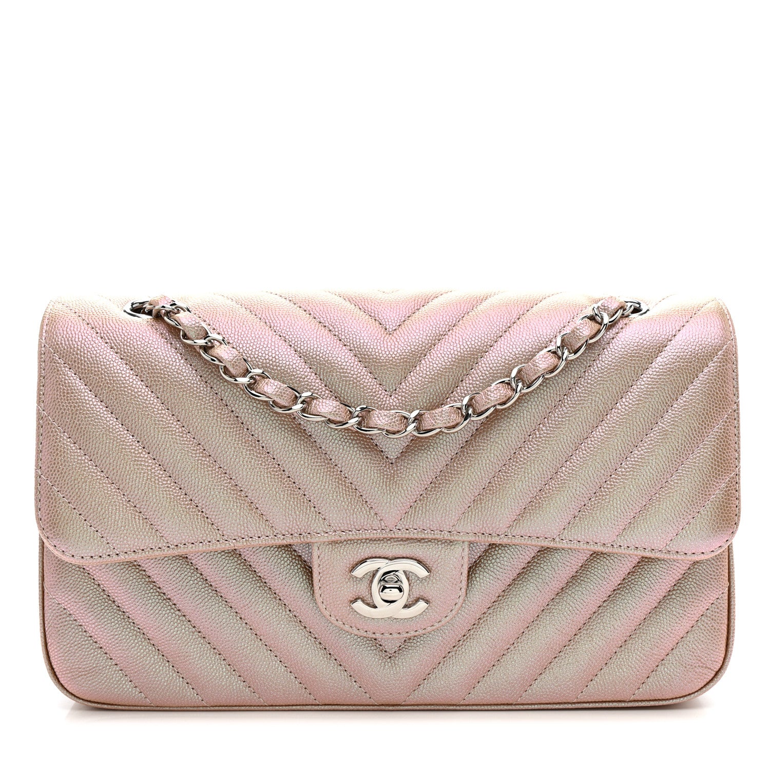 Chanel Metallic Caviar Chevron Quilted Medium Double Flap Light Gold 9 of 12