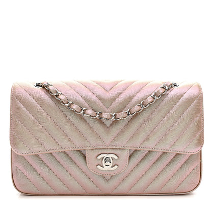Chanel Metallic Caviar Chevron Quilted Medium Double Flap Light Gold 9 of 12