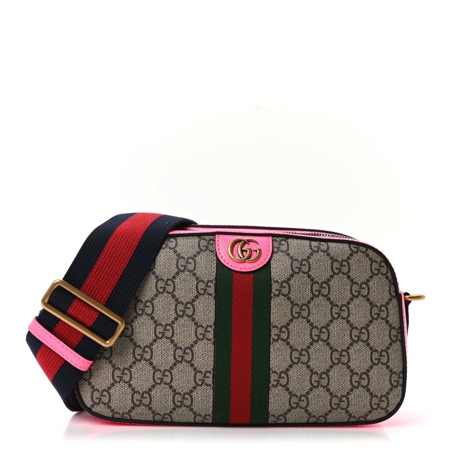 GG Supreme Monogram Textured Dollar Calfskin Web Ophidia Small Crossbody Bag Beige Ebony Fuchsia
