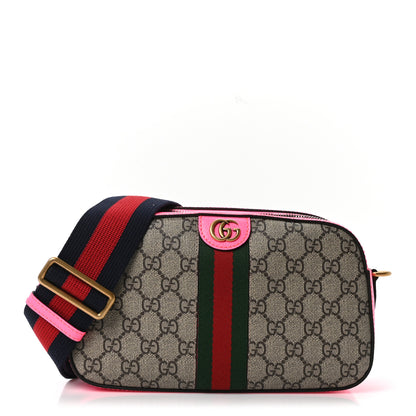 Gucci GG Supreme Monogram Textured Dollar Calfskin Web Ophidia Small Crossbody Bag Beige Ebony Fuchsia 1 of 10