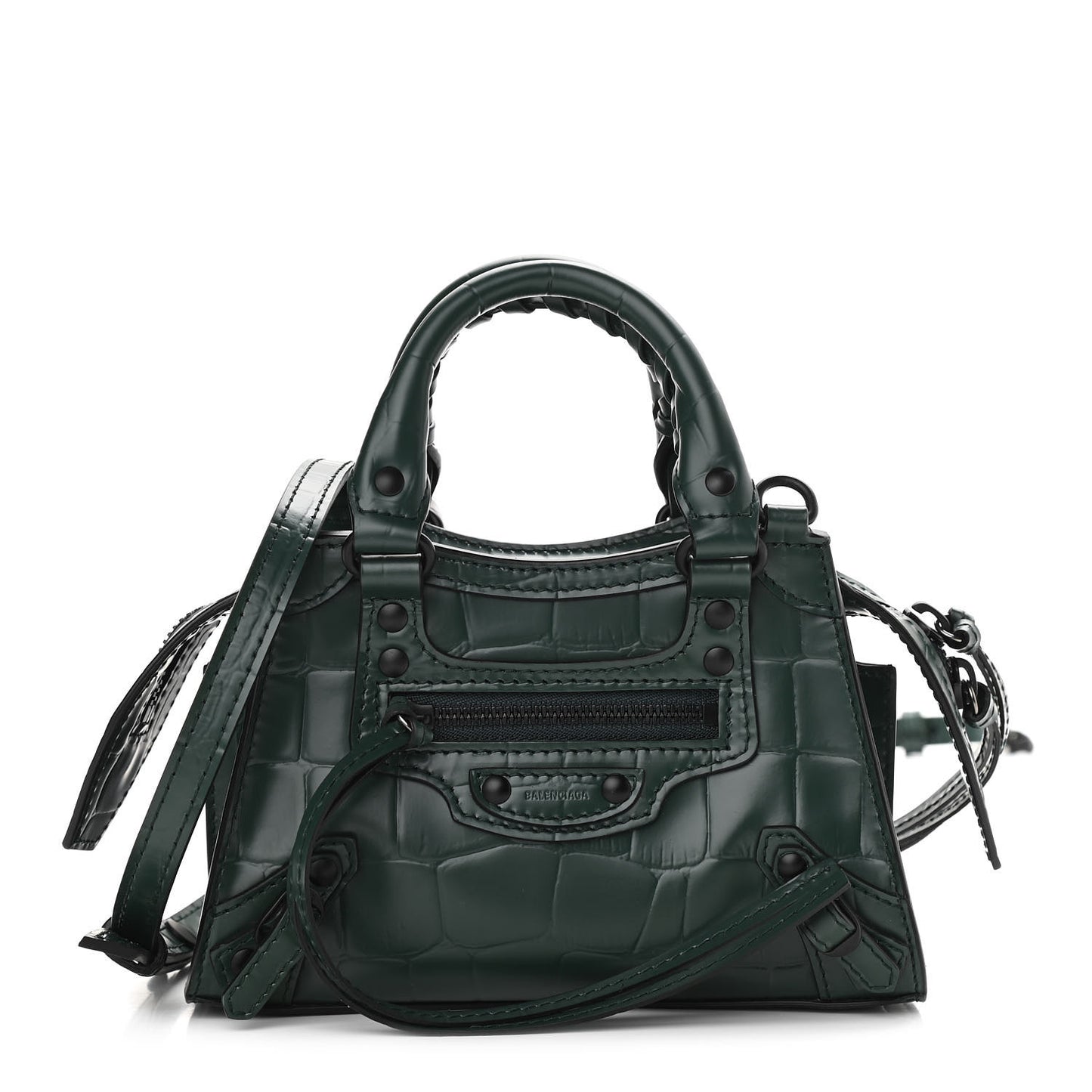 Semi Shiny Calfskin Crocodile Embossed Neo Classic Black Hardware Nano City Crossbody Forest Green