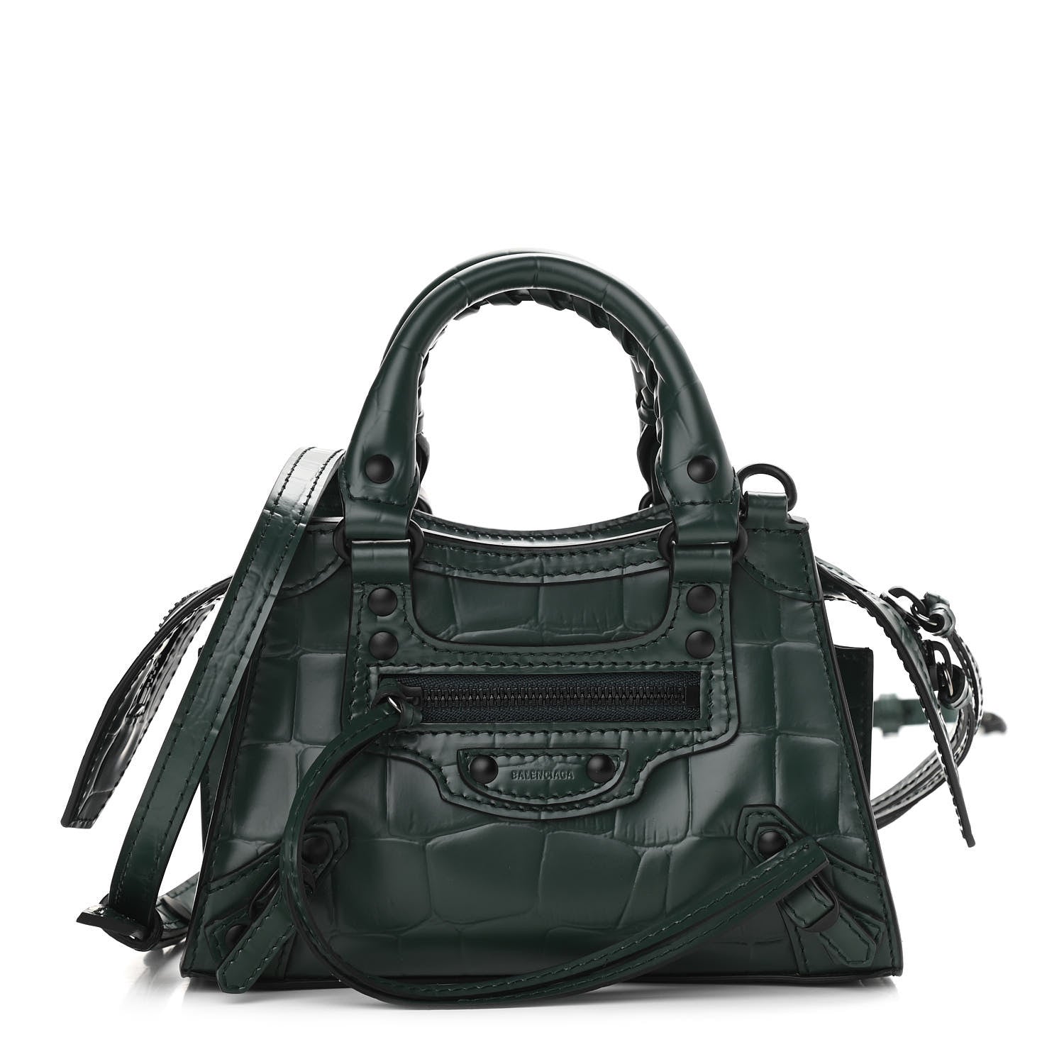 Balenciaga Semi Shiny Calfskin Crocodile Embossed Neo Classic Black Hardware Nano City Crossbody Forest Green 1 of 10