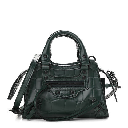 Balenciaga Semi Shiny Calfskin Crocodile Embossed Neo Classic Black Hardware Nano City Crossbody Forest Green 1 of 10