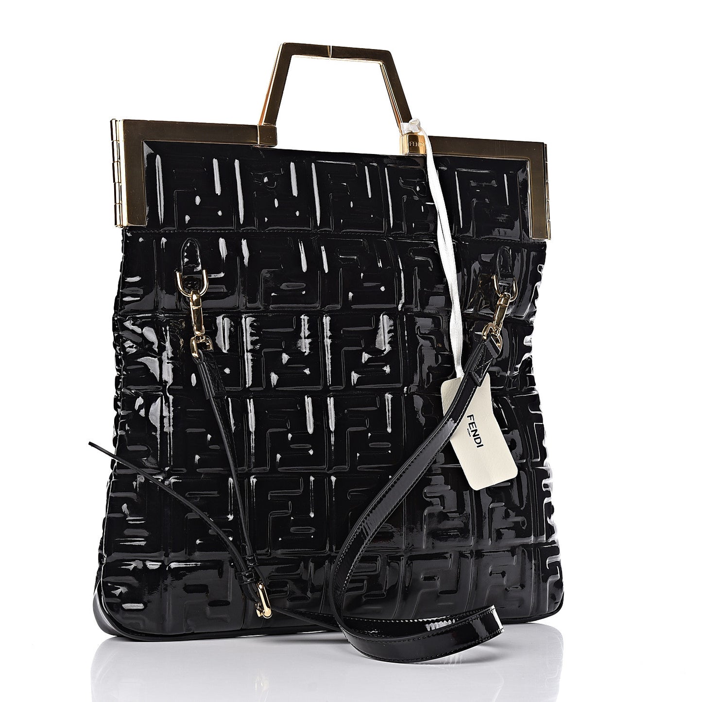 Patent FF 1974 Embossed Medium Shopping Flap Bag Black