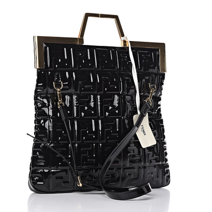 Fendi Patent FF 1974 Embossed Medium Shopping Flap Bag Black 4 of 13