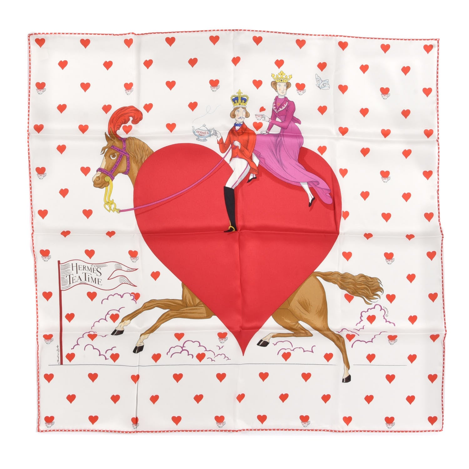 Hermes Silk Tea Time Scarf 70 White Framboise Rouge 1 of 6