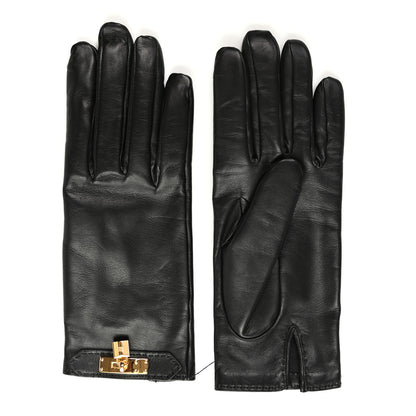Hermes Lambskin Soya Kelly Lock Gloves 7 Black 2 of 6