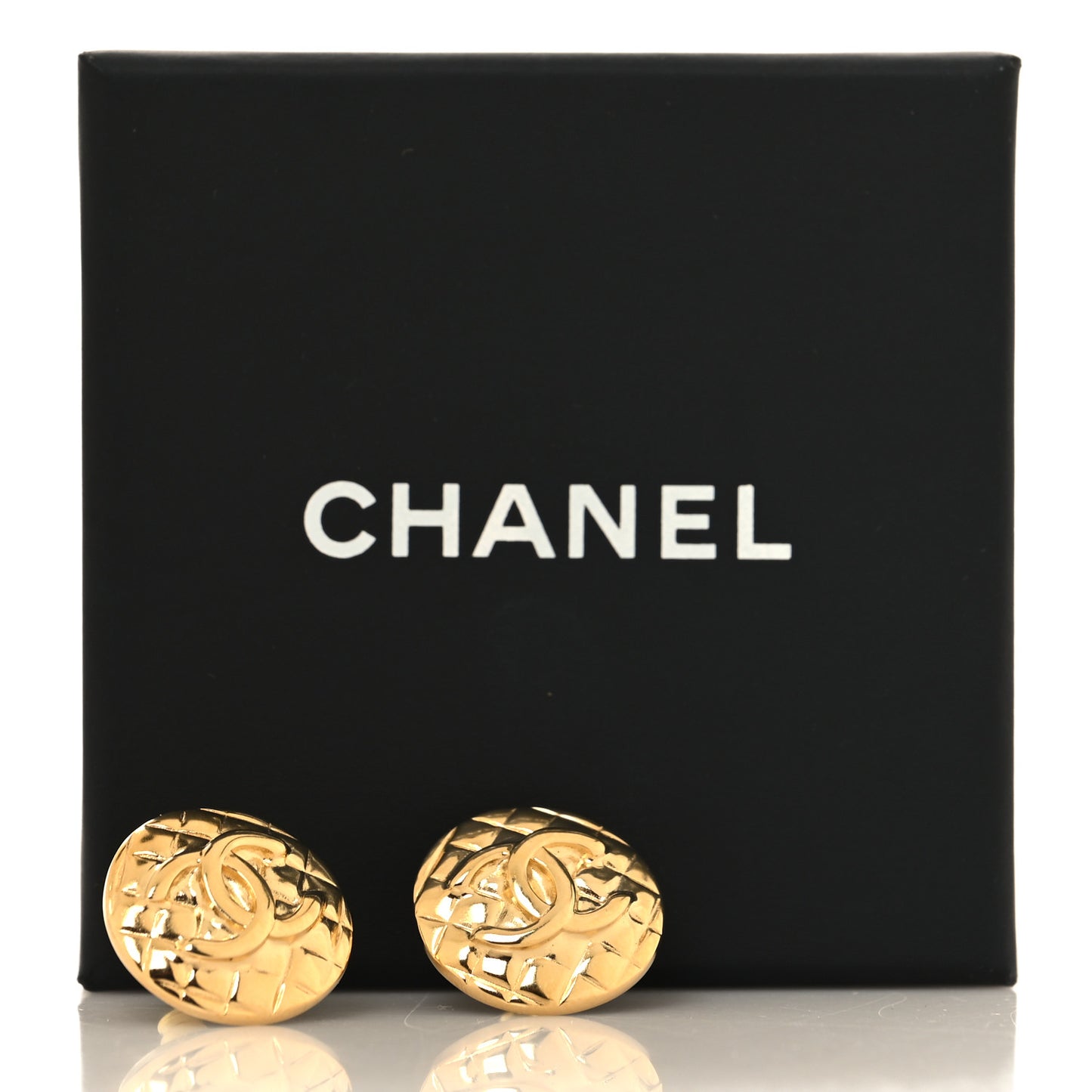 Metal Quilted CC Round Clip On Earrings Golden