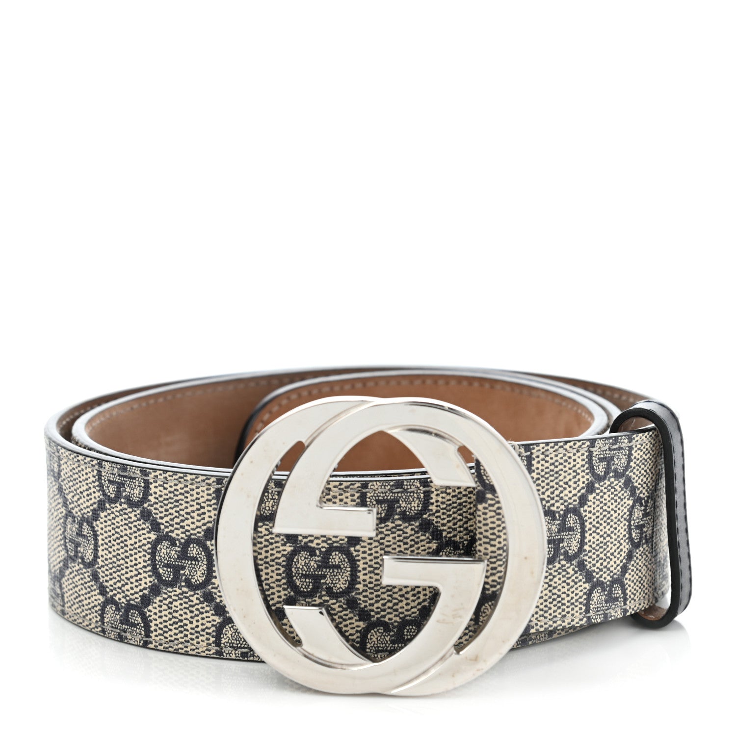 Gucci GG Supreme Monogram Selleria Calfskin Interlocking G 40mm Belt 85 34 Beige Ebony Blue 1 of 7