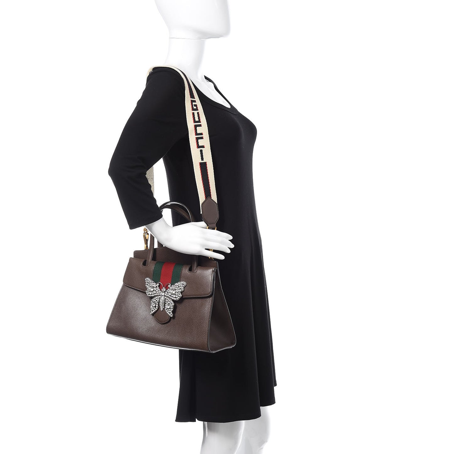 Textured Calfskin Web Crystal Butterfly Stripe Medium Totem Top Handle Bag New Acero