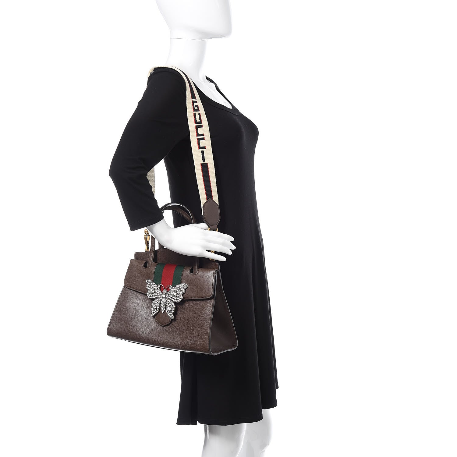 Gucci Textured Calfskin Web Crystal Butterfly Stripe Medium Totem Top Handle Bag New Acero 2 of 11