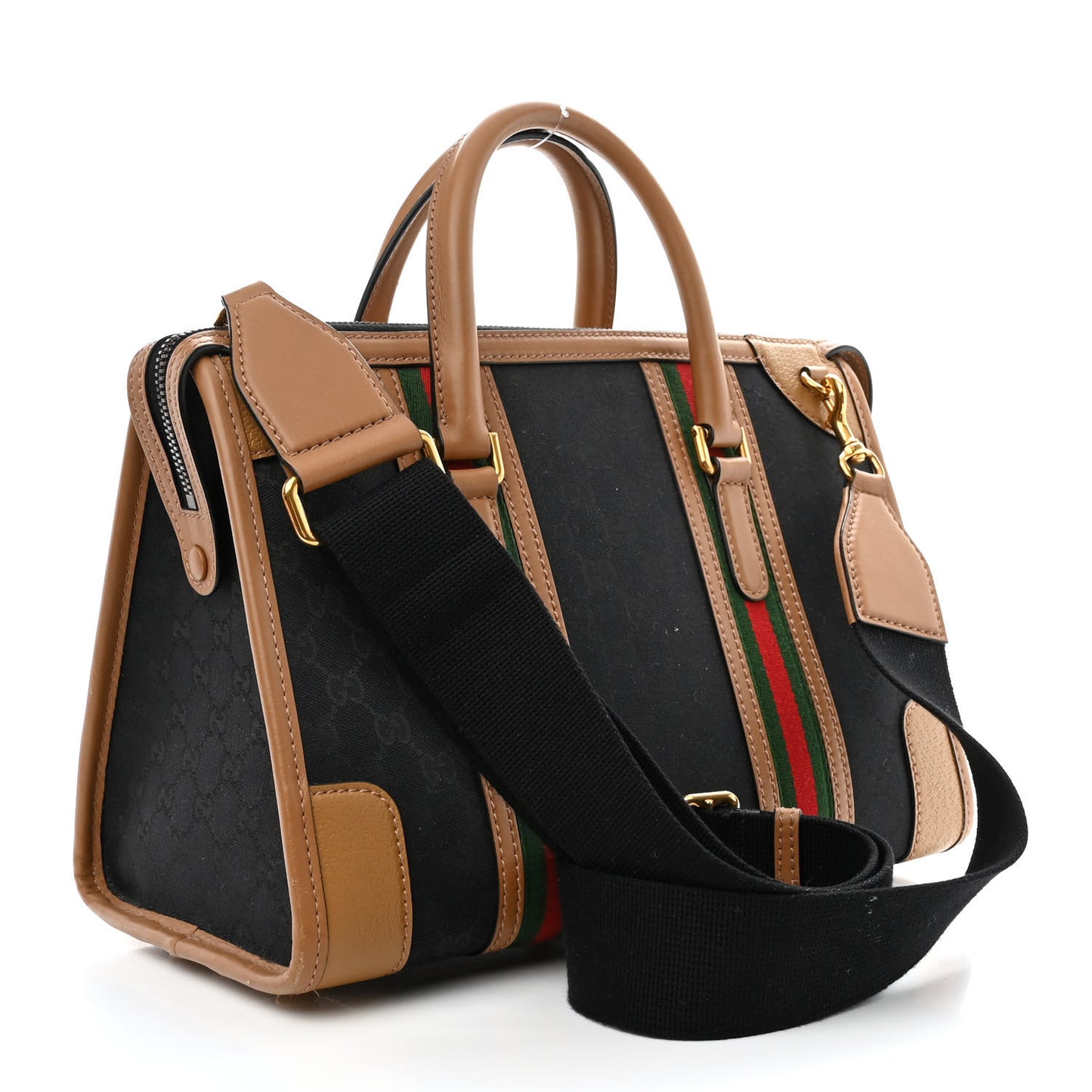 Monogram Textured Dollar Calfskin Web Medium Bauletto Duffle Top Handle Bag Black Koi Beige