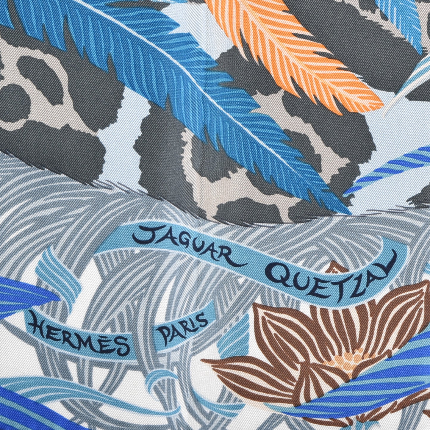 Silk Jaguar Quetzal Scarf 90 Bleu Gris Camel
