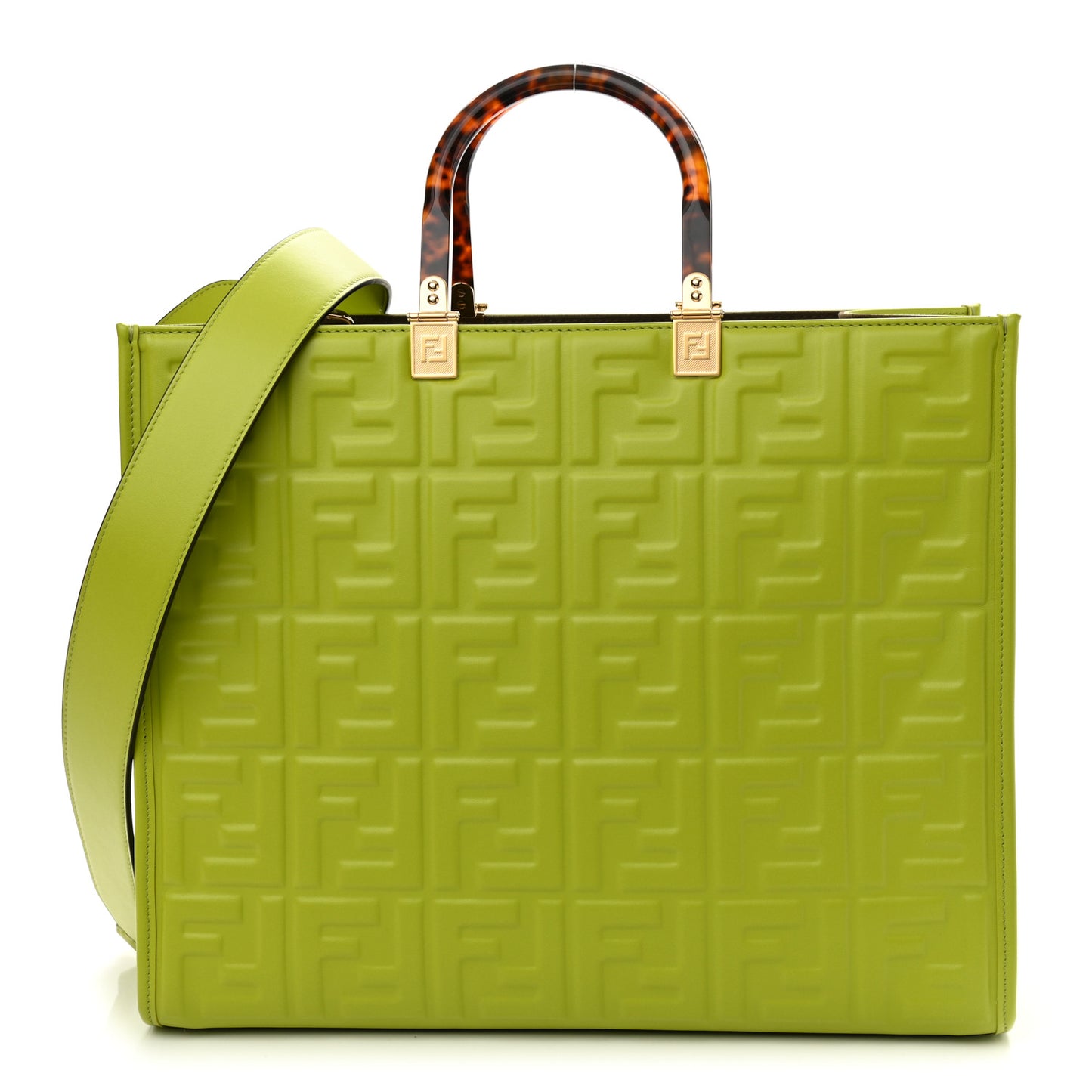 Vitello Plexiglass FF Embossed Medium Fendi Sunshine Shopper Tote Wasabi