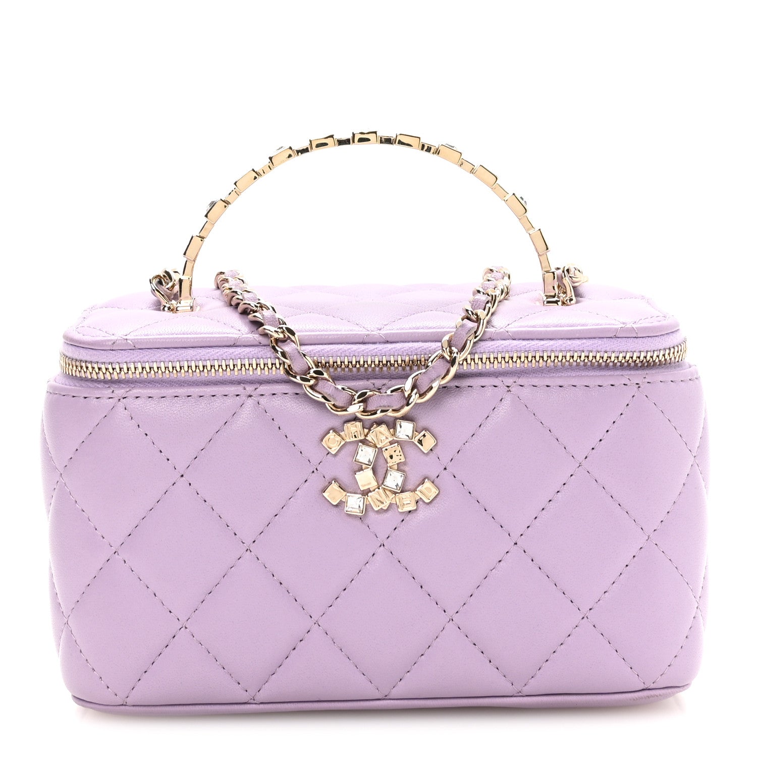 Chanel Lambskin Quilted Baguette Crystal Top Handle Vanity Case With Chain Purple 2 of 23
