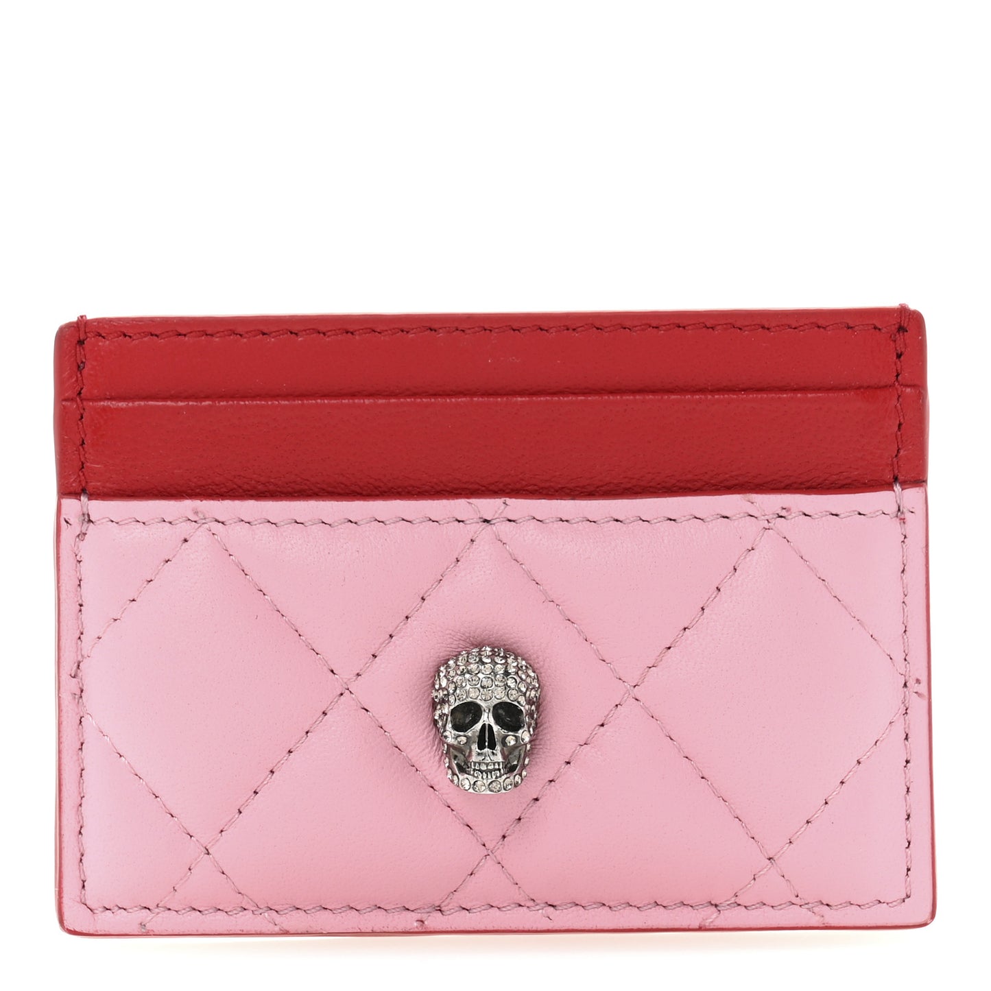 Lambskin Quilted Skull Card Holder Pastel Pink