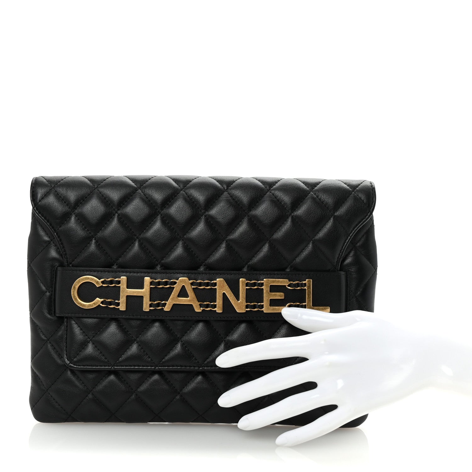 Chanel Calfskin Quilted Front Logo Enchained Clutch Black 2 of 8