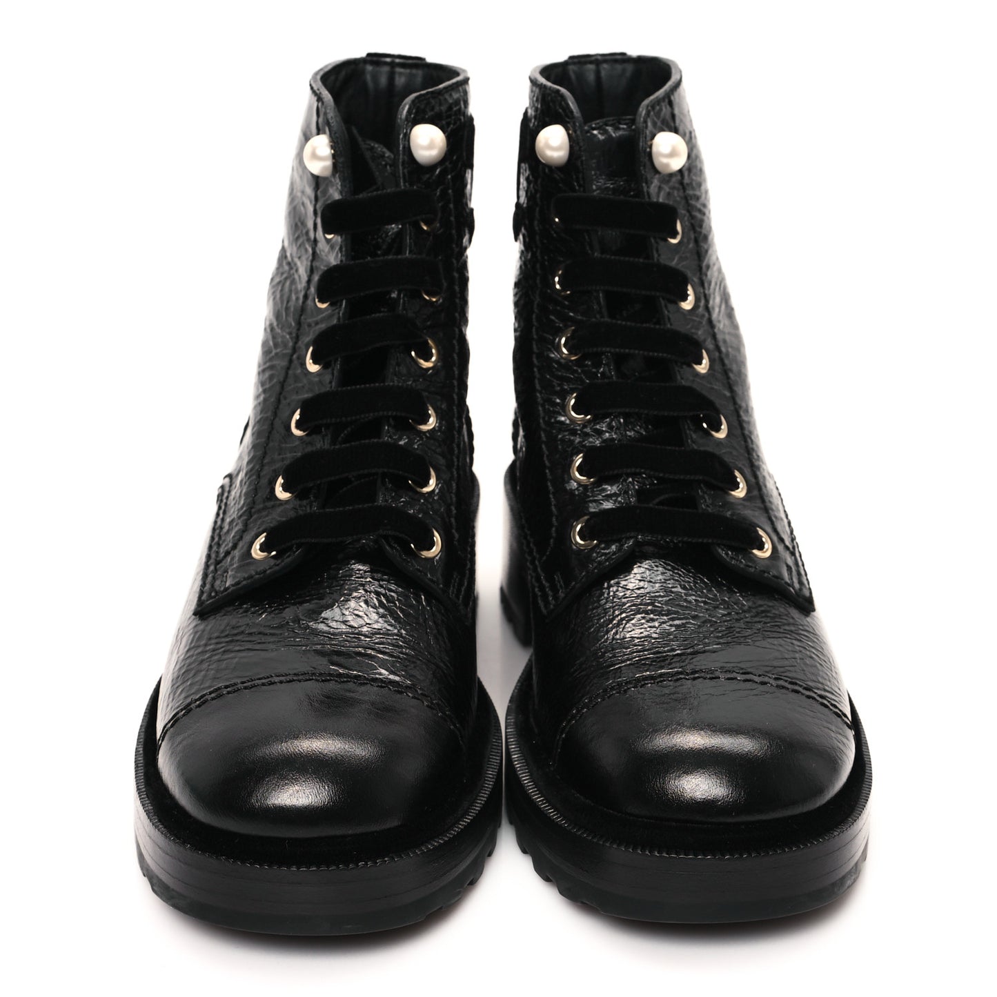 Shiny Calfskin Velvet Pearl Combat Short Boots 39.5 Black