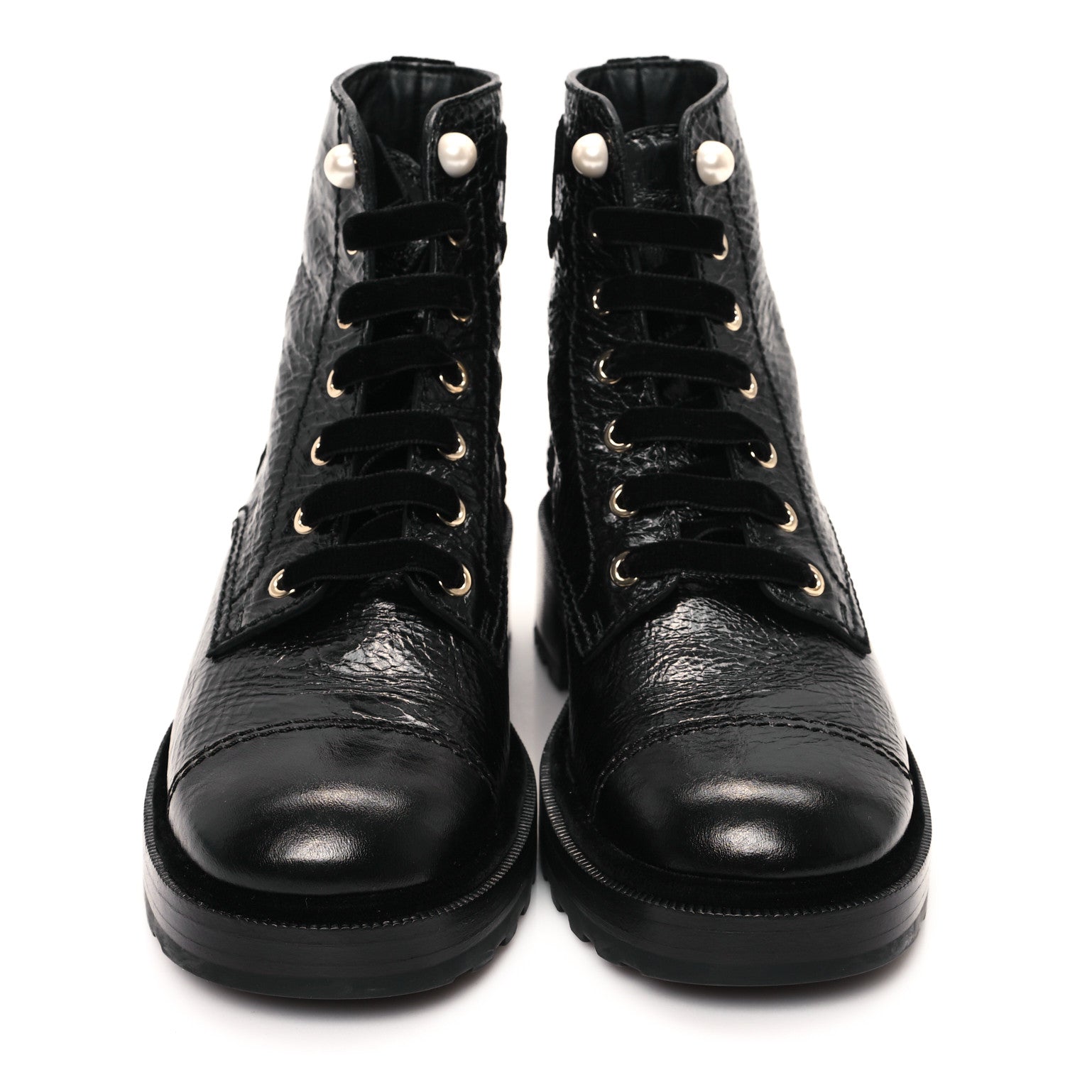 Chanel Shiny Calfskin Velvet Pearl Combat Short Boots 39.5 Black 3 of 10