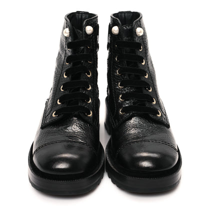 Chanel Shiny Calfskin Velvet Pearl Combat Short Boots 39.5 Black 3 of 10