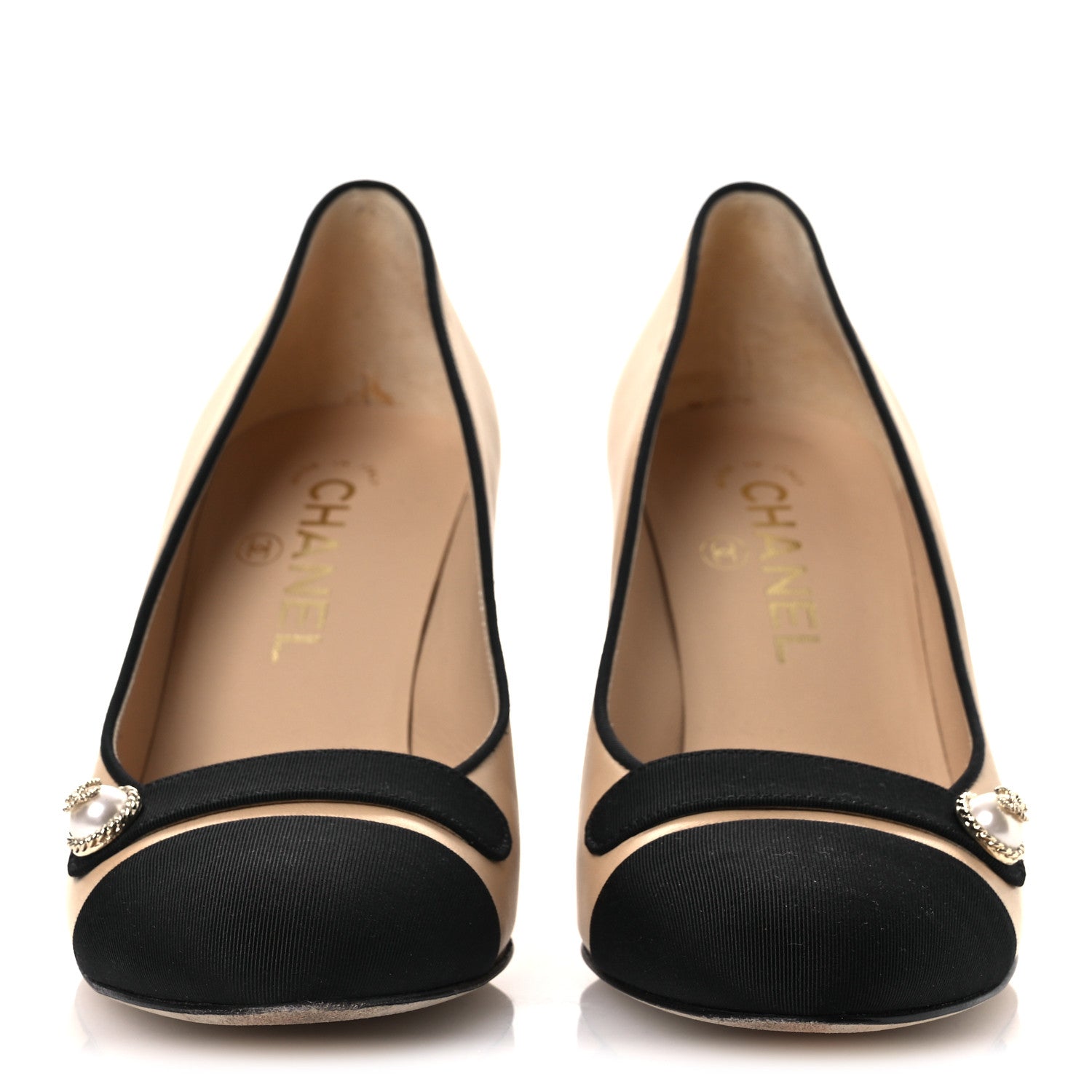 Chanel Calfskin Grosgrain Cap Toe Pearl Pumps 36.5 Beige Black 3 of 11