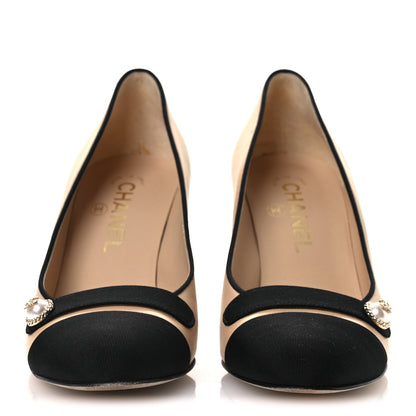 Chanel Calfskin Grosgrain Cap Toe Pearl Pumps 36.5 Beige Black 3 of 11