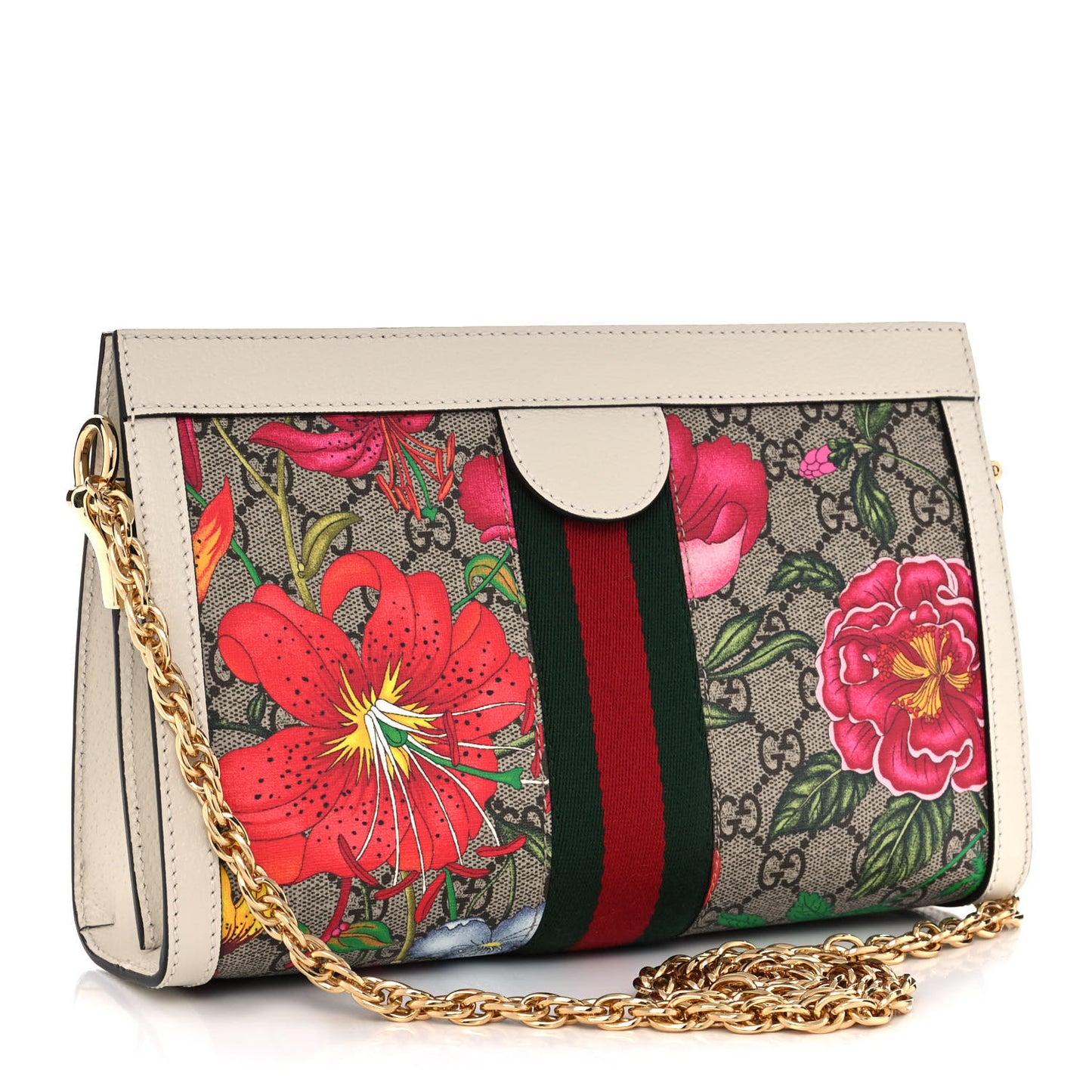 GG Supreme Monogram Flora Web Small Ophidia Chain Shoulder Bag White