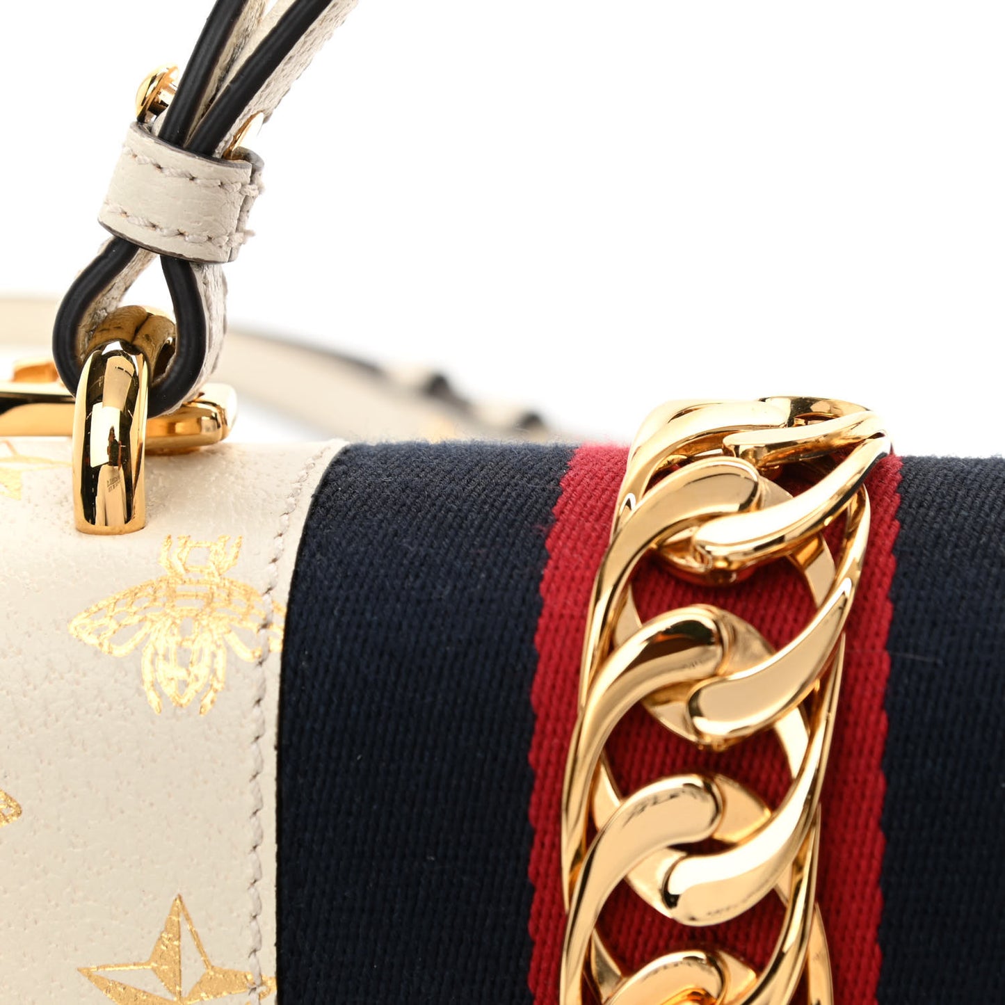 Textured Calfskin Bee Star Print Mini Sylvie Top Handle Bag Mystic White