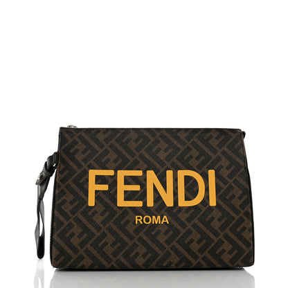 Fendi Shiny Glazed Fabric Vitello Cover FF 1974 Logo Clutch Tobacco Moro Giallo Ebano 2 of 11