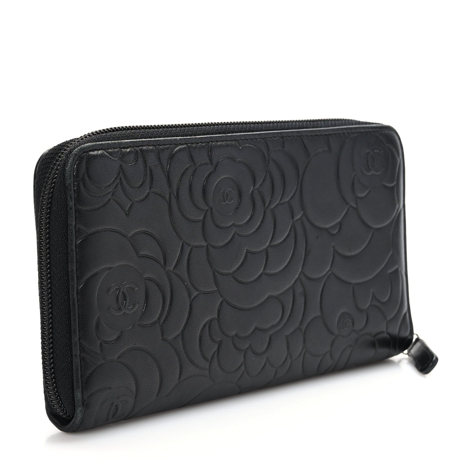 Chanel Lambskin Camellia Embossed Large Zip Around Gusset Wallet Black 3 of 8