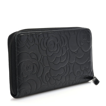Chanel Lambskin Camellia Embossed Large Zip Around Gusset Wallet Black 3 of 8