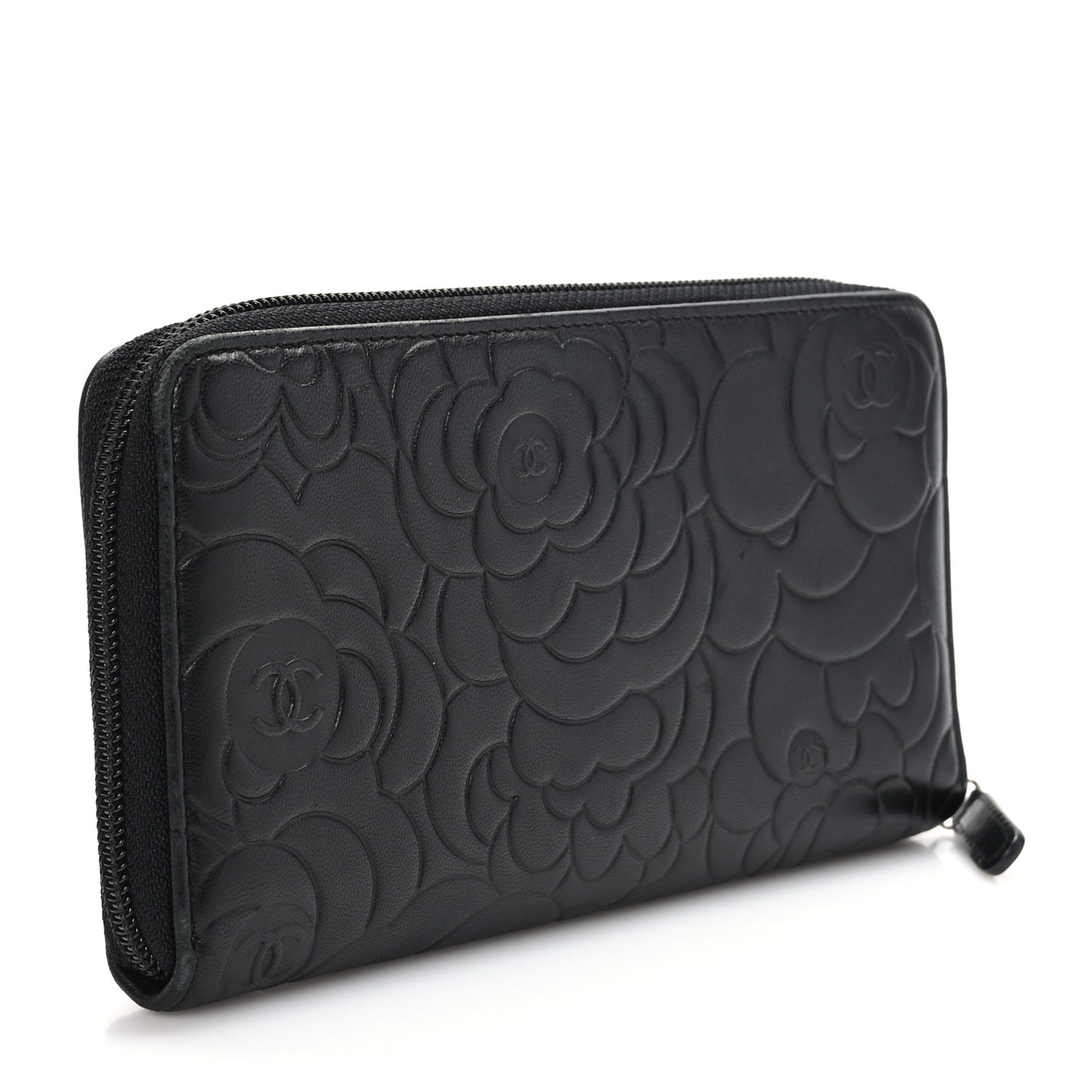Lambskin Camellia Embossed Large Zip Around Gusset Wallet Black