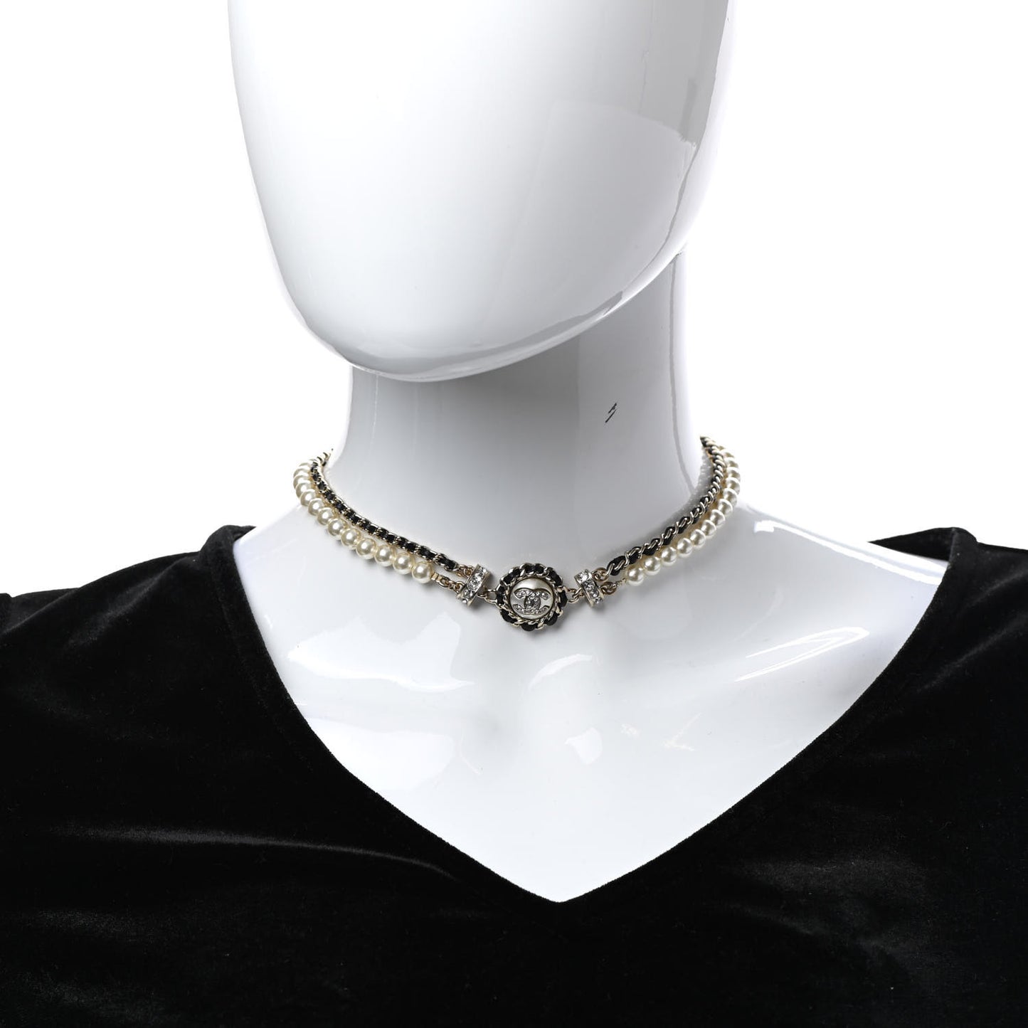 Pearl Crystal Lambskin CC Choker Gold Black