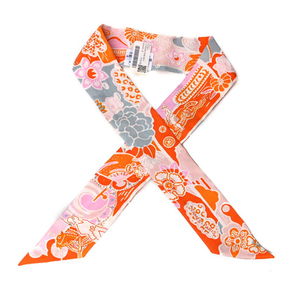 Hermes Silk Bingata Twilly Orange Rose Gris 1 of 4