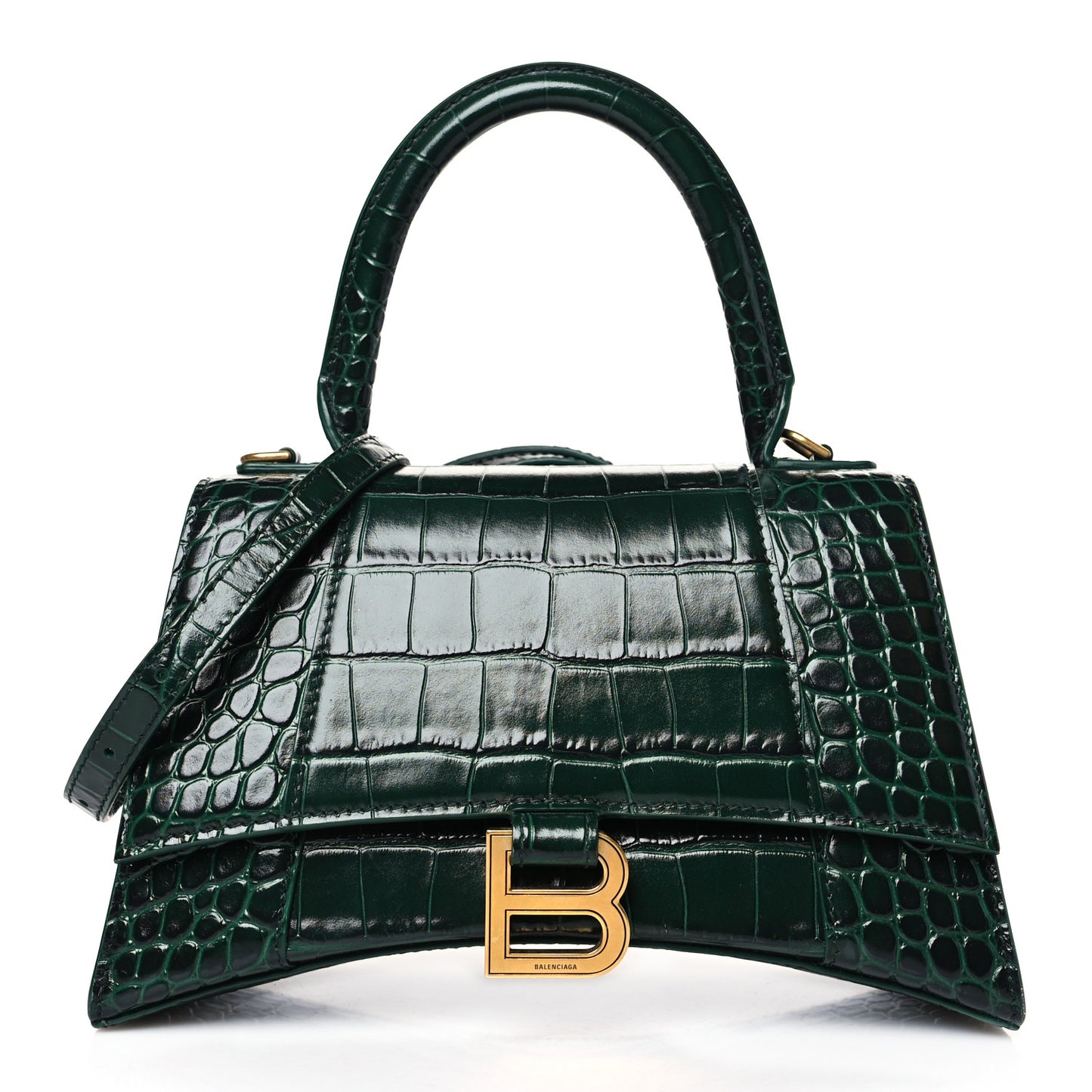 Shiny Calfskin Crocodile Embossed Small Hourglass Top Handle Bag Forest Green