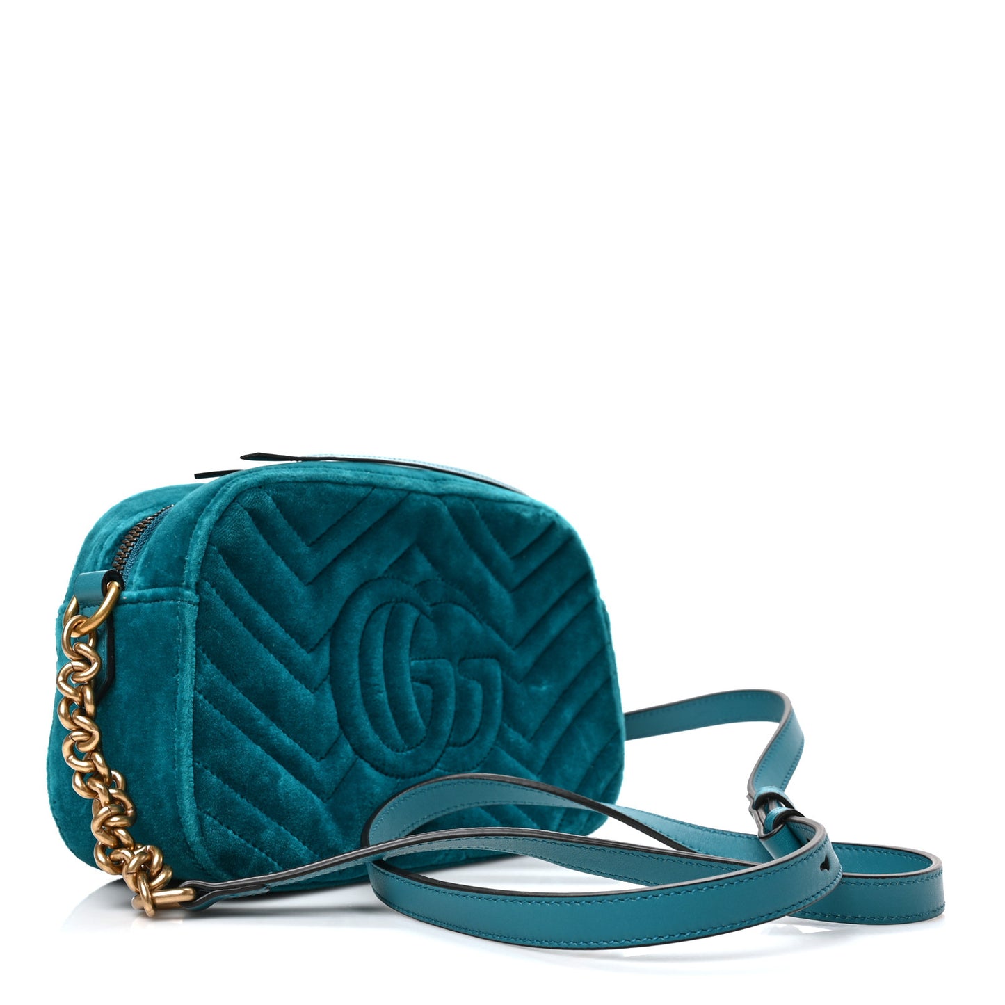 Velvet Matelasse Small GG Marmont Chain Shoulder Bag Pavone Cyan