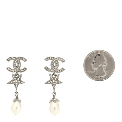 Chanel Crystal CC Pearl Star Drop Earrings Silver 2 of 4