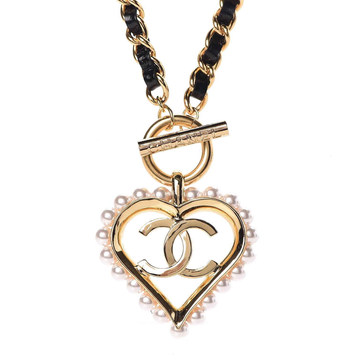 Chanel Calfskin Pearl Heart Necklace Gold Black 6 of 7