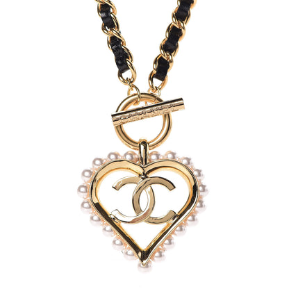 Chanel Calfskin Pearl Heart Necklace Gold Black 6 of 7