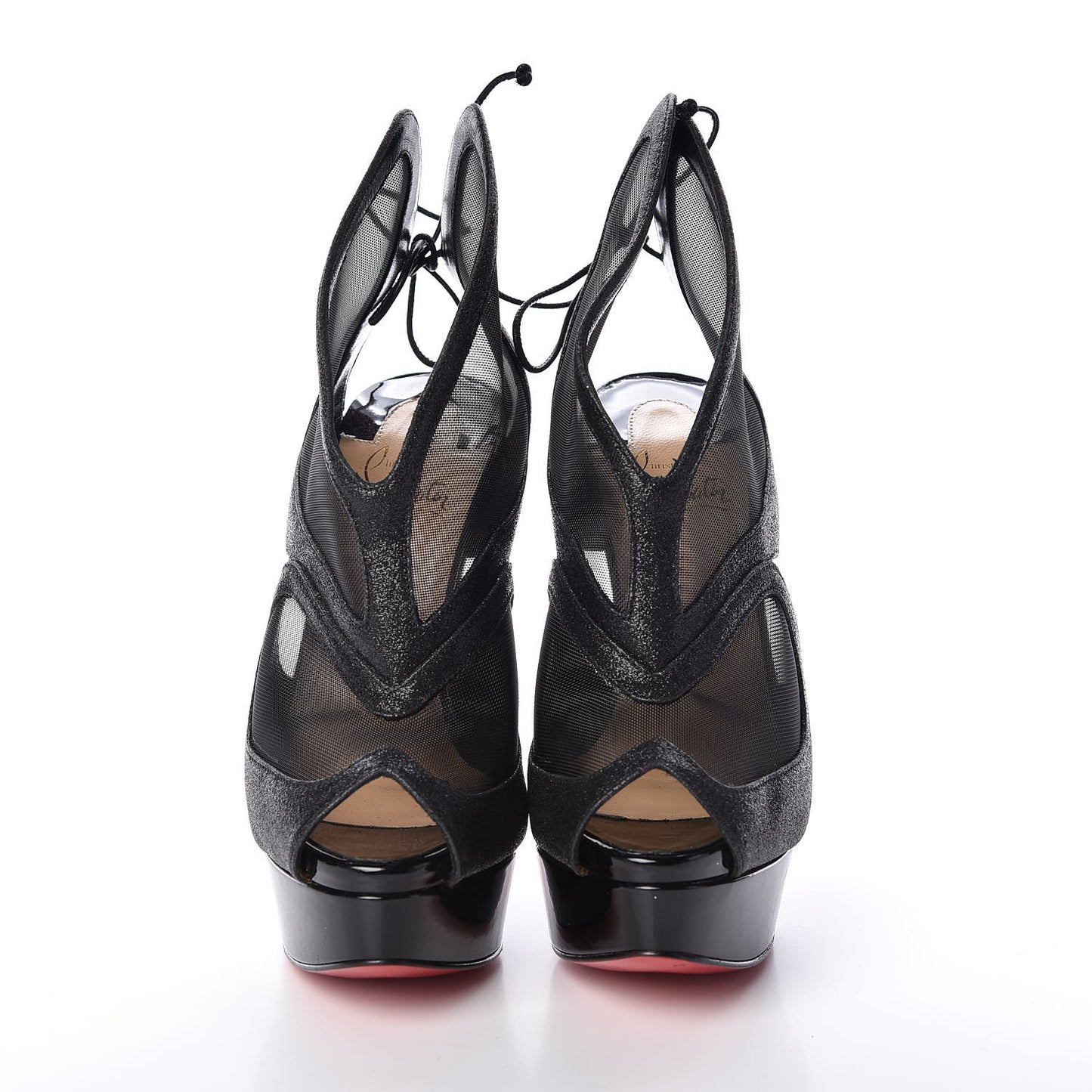 Glitter Patent Mesh Farfamesh 150 Peep Toe Platform Booties 35.5 Black