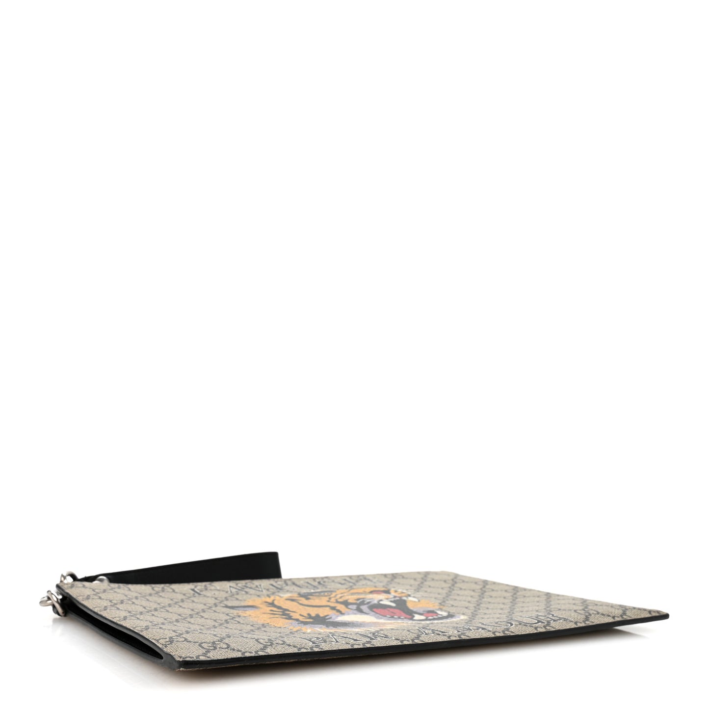 GG Supreme Monogram Tiger Zip Wristlet Pouch Beige