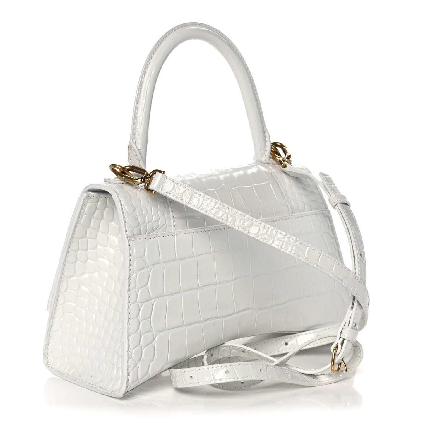 Shiny Calfskin Crocodile Embossed Small Hourglass Top Handle Bag White