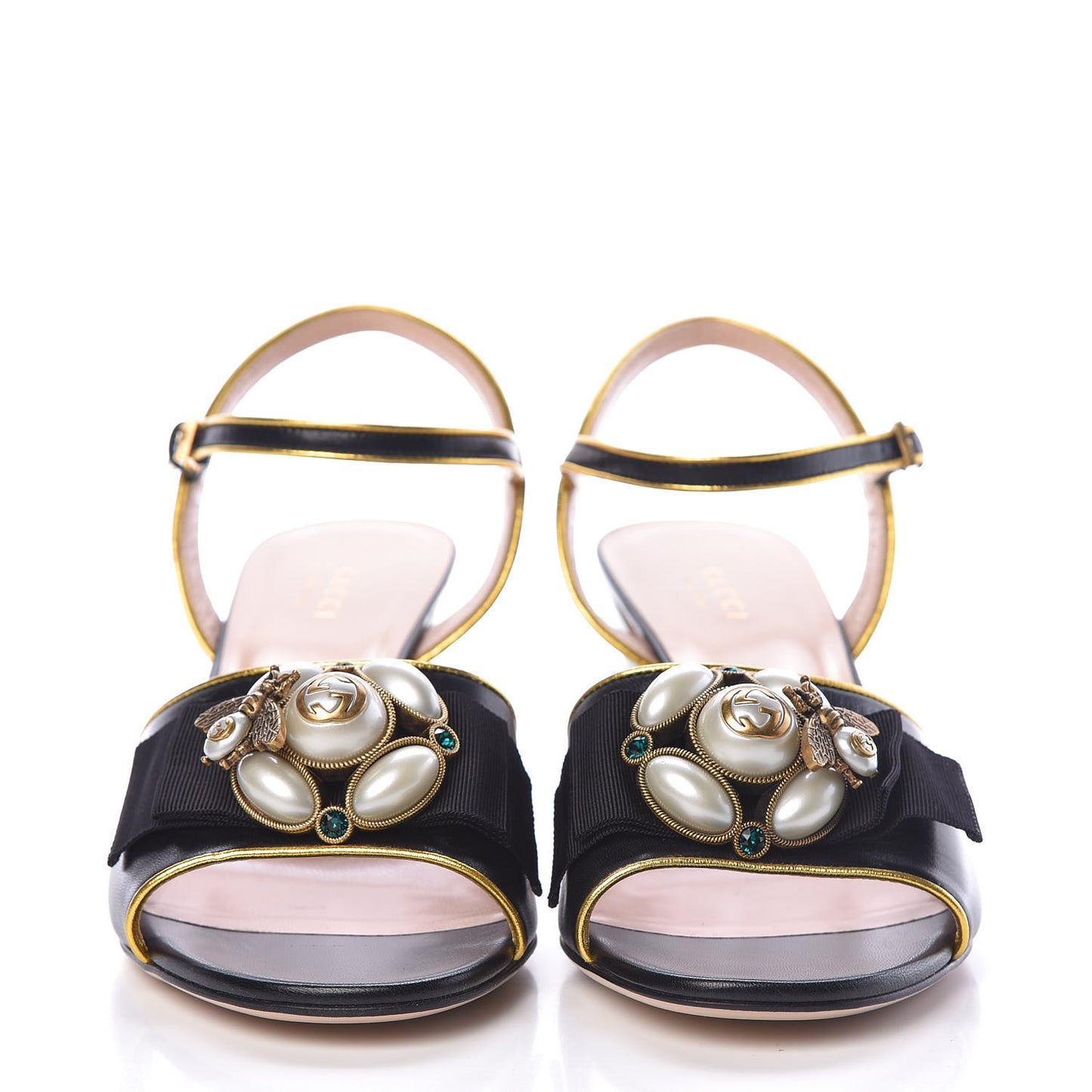 Nappa Silk Pearl Bee Embellished Mid-Heel Sandals 39.5 Black