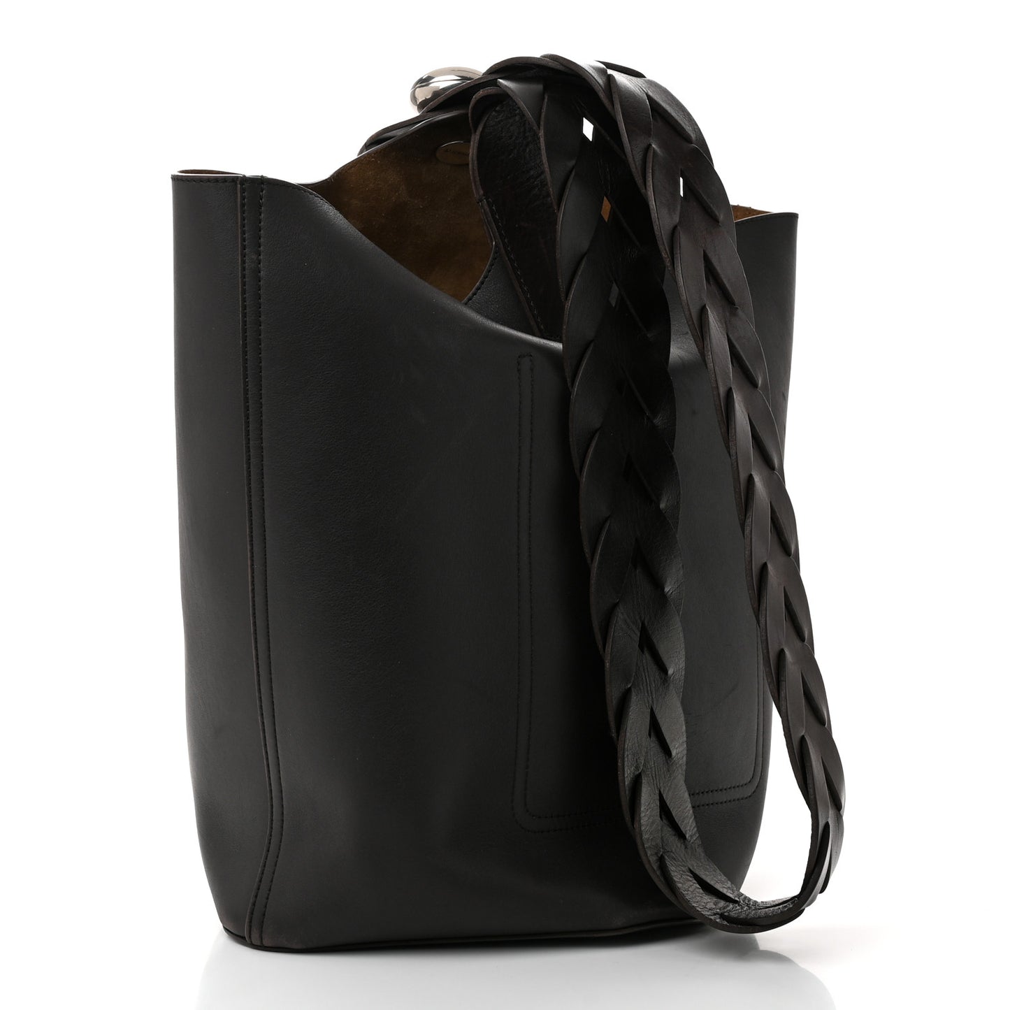 Smooth Calfskin Braided Medium Large Bucket Bag Dark Brown