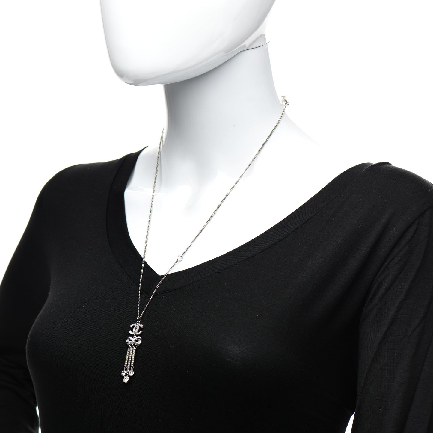 Crystal CC Bow Drop Necklace Silver