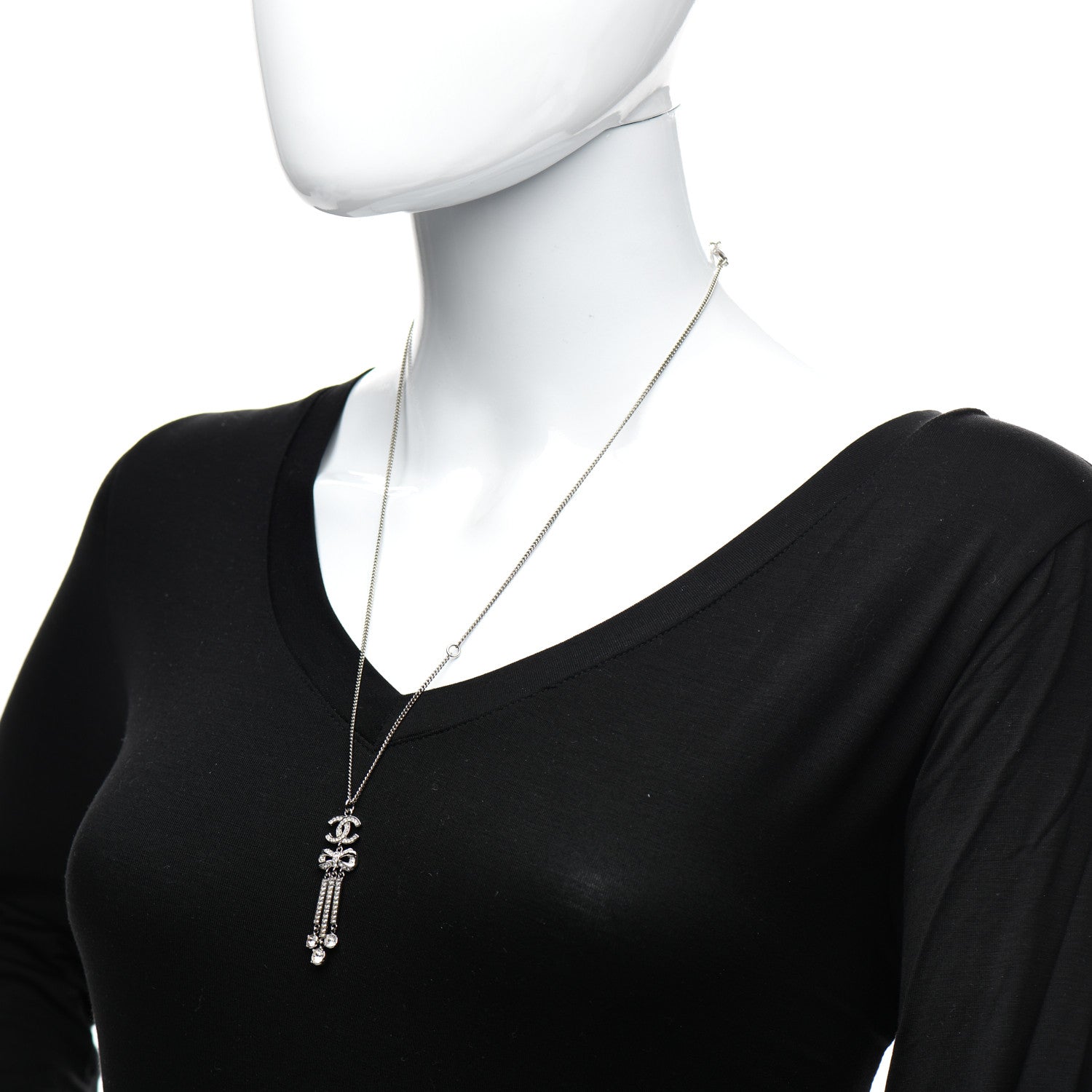 Chanel Crystal CC Bow Drop Necklace Silver 2 of 4