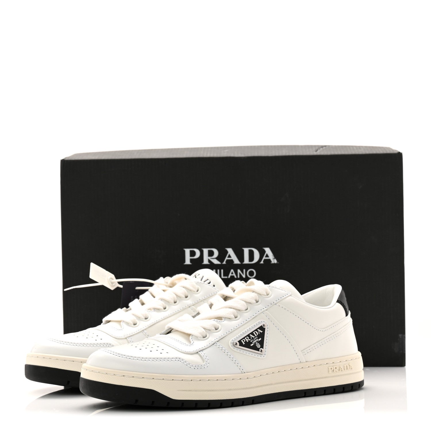 Prada Vitello Rois Triangle Womens Downtown Low Top 30mm Sneakers 38 White Black 10 of 10