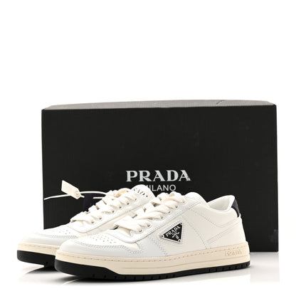 Prada Vitello Rois Triangle Womens Downtown Low Top 30mm Sneakers 38 White Black 10 of 10