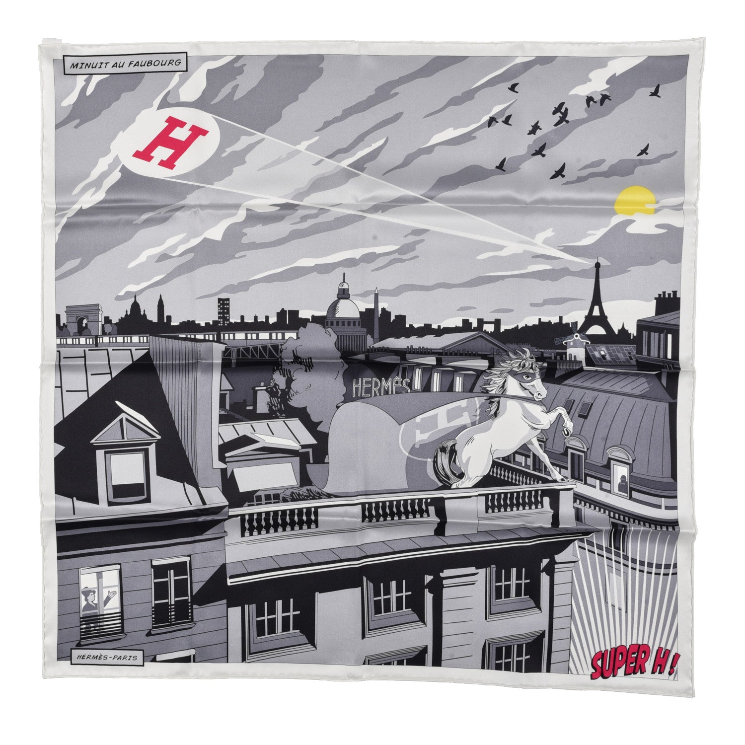 Hermes Silk Minuit Au Faubourg Scarf 70 White Gris Black 1 of 4