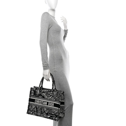 Christian Dior Canvas Embroidered Medium Plan De Paris Book Tote Black White 2 of 12